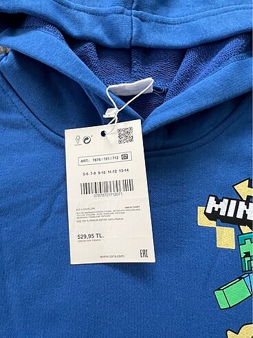 7 Yaş Beden Zara Minecraft sweatshirt 7-8 yaş