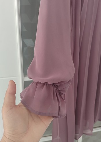 Uzun Kollu Mor Pilili Kadın Elbise - Görsel 2