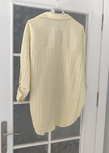 limon sarısı pileli Keten Kadın Gömlek - Görsel 5