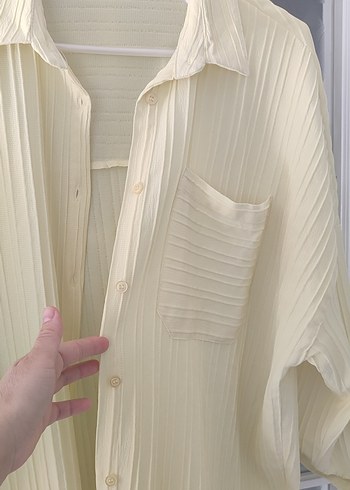 limon sarısı pileli Keten Kadın Gömlek - Görsel 3