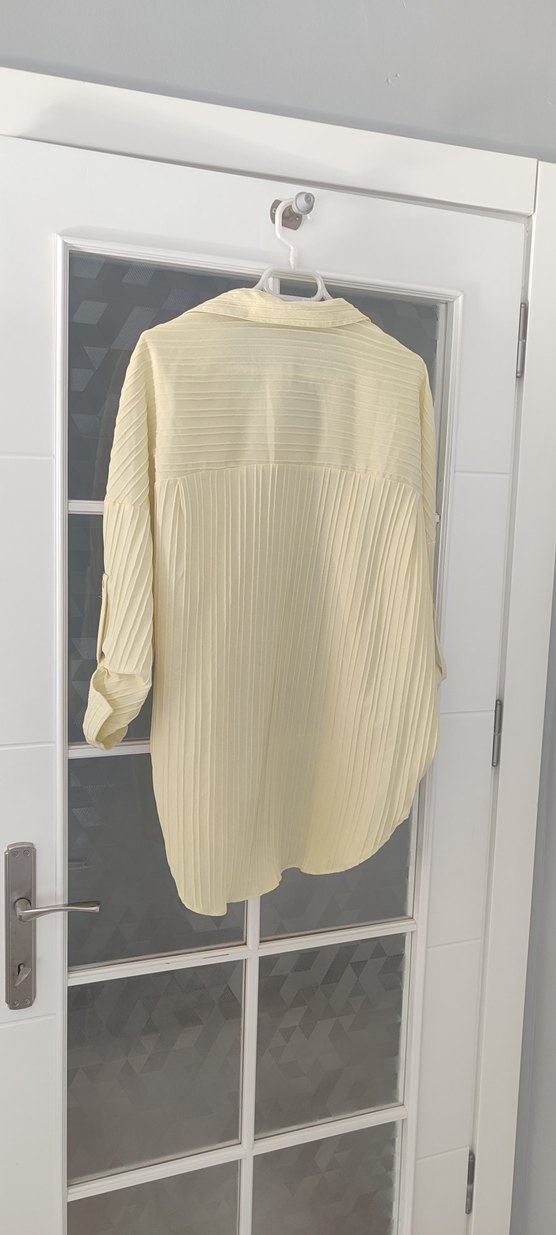 limon sarısı pileli Keten Kadın Gömlek - Görsel 5