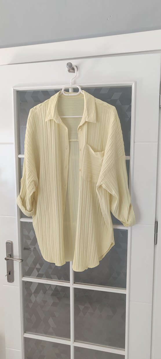 limon sarısı pileli Keten Kadın Gömlek - Görsel 2