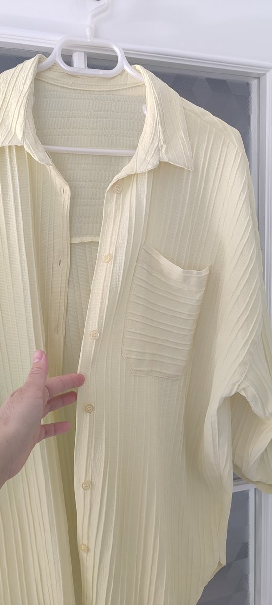 limon sarısı pileli Keten Kadın Gömlek - Görsel 3