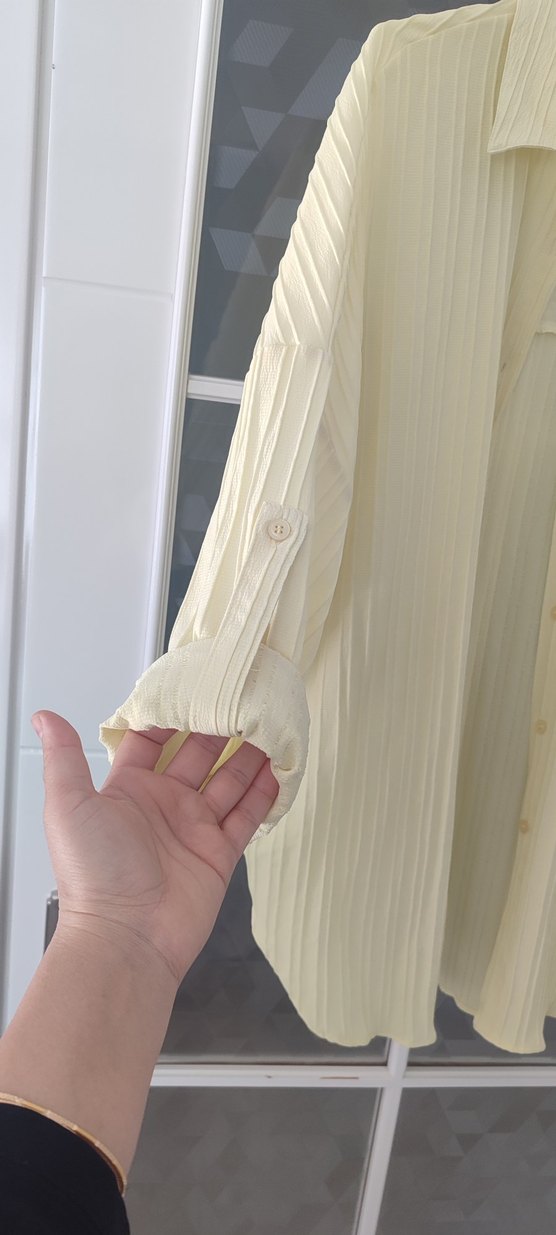 limon sarısı pileli Keten Kadın Gömlek - Görsel 4