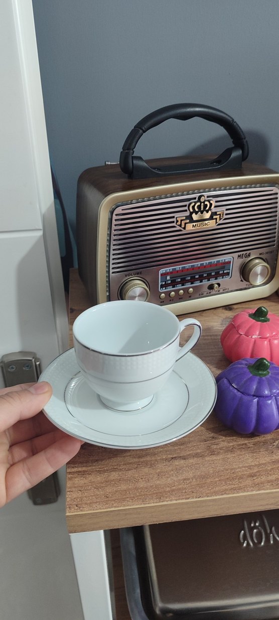 Gri Detaylı Beyaz Porselen Fincan ve Tabağı - Görsel 3