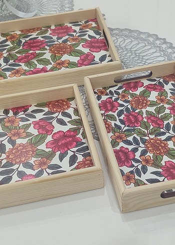 Çiçek Desenli Renkli Ahşap Tepsi 3lü - Görsel 2