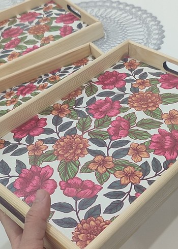 Çiçek Desenli Renkli Ahşap Tepsi 3lü - Görsel 3