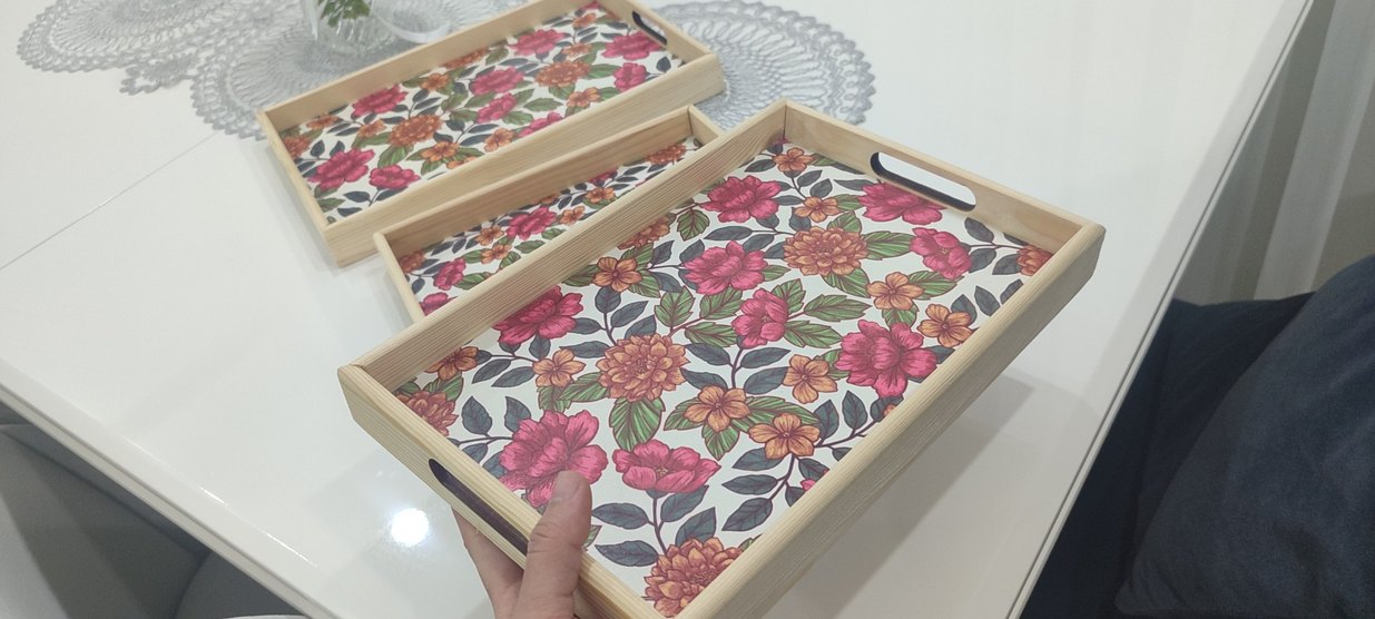 Çiçek Desenli Renkli Ahşap Tepsi 3lü - Görsel 3