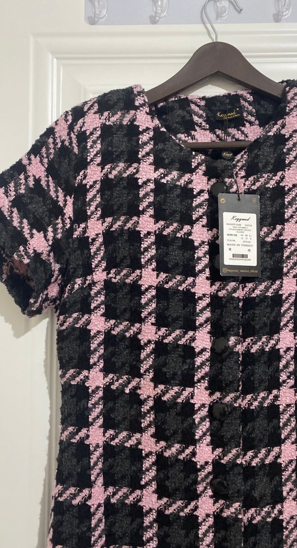 Pembe Siyah Ekose Kısa Kollu Tüvit  Elbise - Görsel 2
