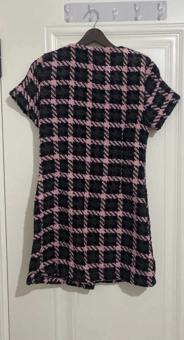 Pembe Siyah Ekose Kısa Kollu Tüvit  Elbise - Görsel 4