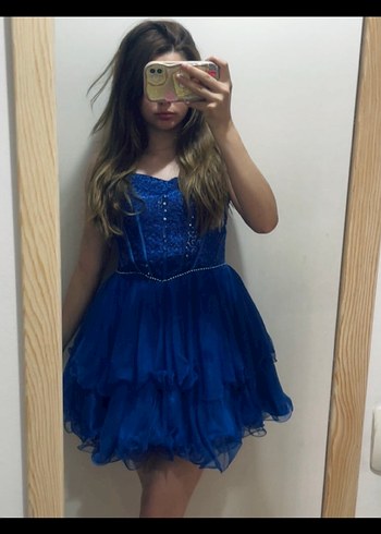 Mavi Fırfırlı Midi Abiye Elbise - Görsel 6