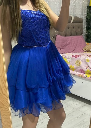 Mavi Fırfırlı Midi Abiye Elbise - Görsel 3