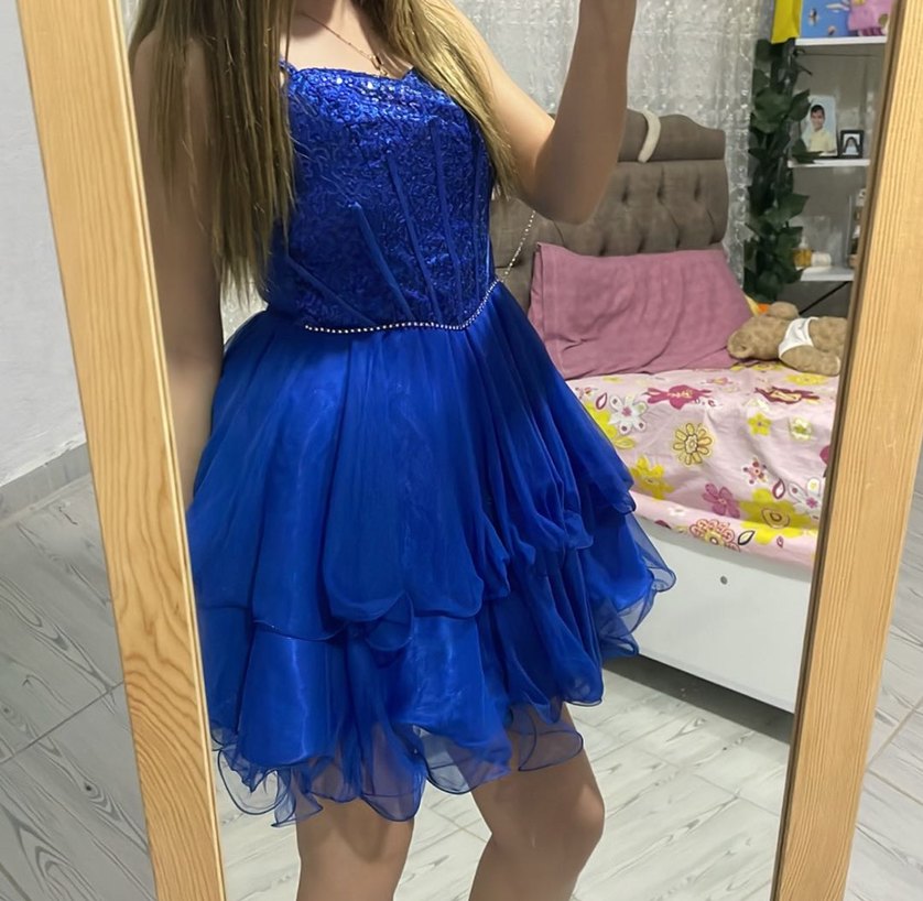 Mavi Fırfırlı Midi Abiye Elbise - Görsel 3