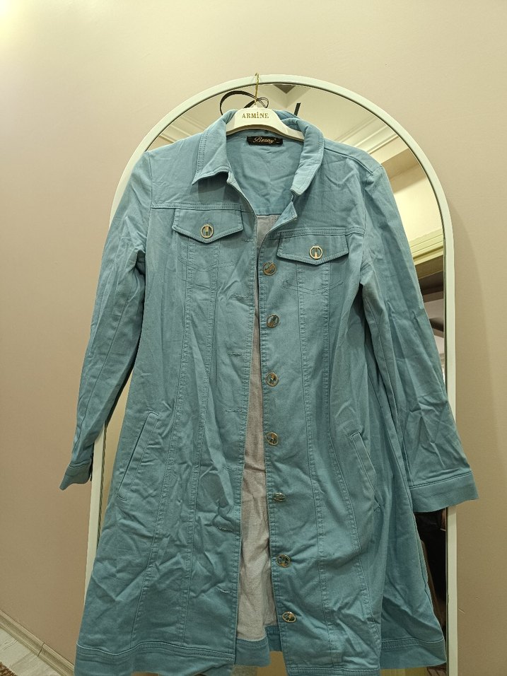 Düğmeli Mavi Midi Denim Kadın Ceket - Görsel 2