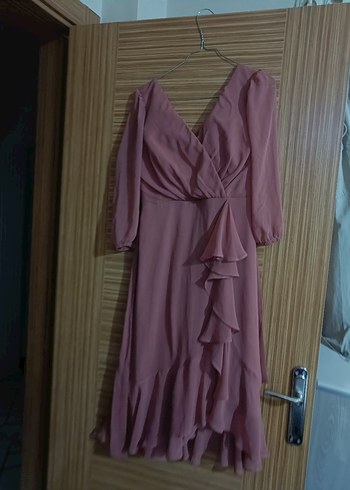 pudra V Yakalı Uzun Drapeli Kadın Elbise - Görsel 2