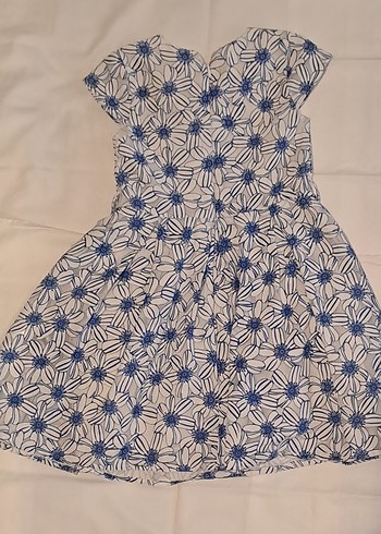 Mavi Çiçek Desenli Mini yuvarlak  Yaka elbise - Görsel 2