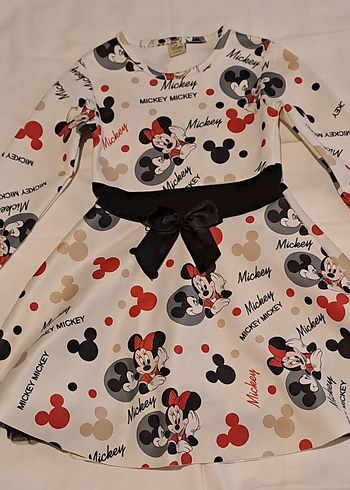 Uzun Kollu Mickey Baskılı Kız Elbise - Görsel 3