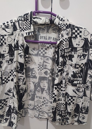 Gri Baskılı Grunge Punk Kadın Gömlek Anime Vintage - Görsel 2