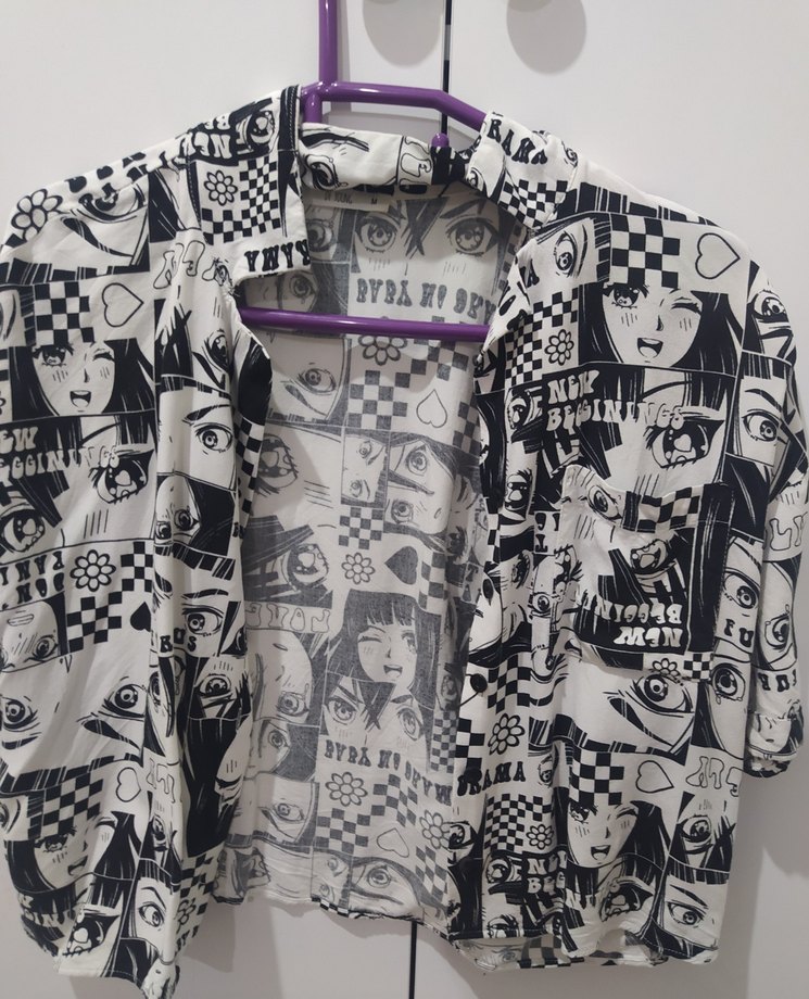 Gri Baskılı Grunge Punk Kadın Gömlek Anime Vintage - Görsel 2