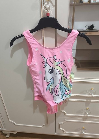 Pembe Unicorn Baskılı Kız Çocuk Mayo
