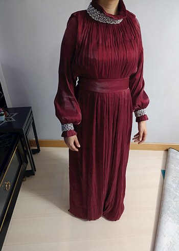 Bordo Uzun Kollu Drapeli Kadın Abiye Elbise