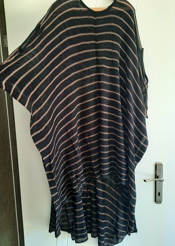 Drapeli Kahverengi Çizgili Uzun Triko panço - Görsel 2