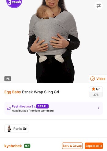 Gri Bebek Taşıma Slingi - Görsel 3