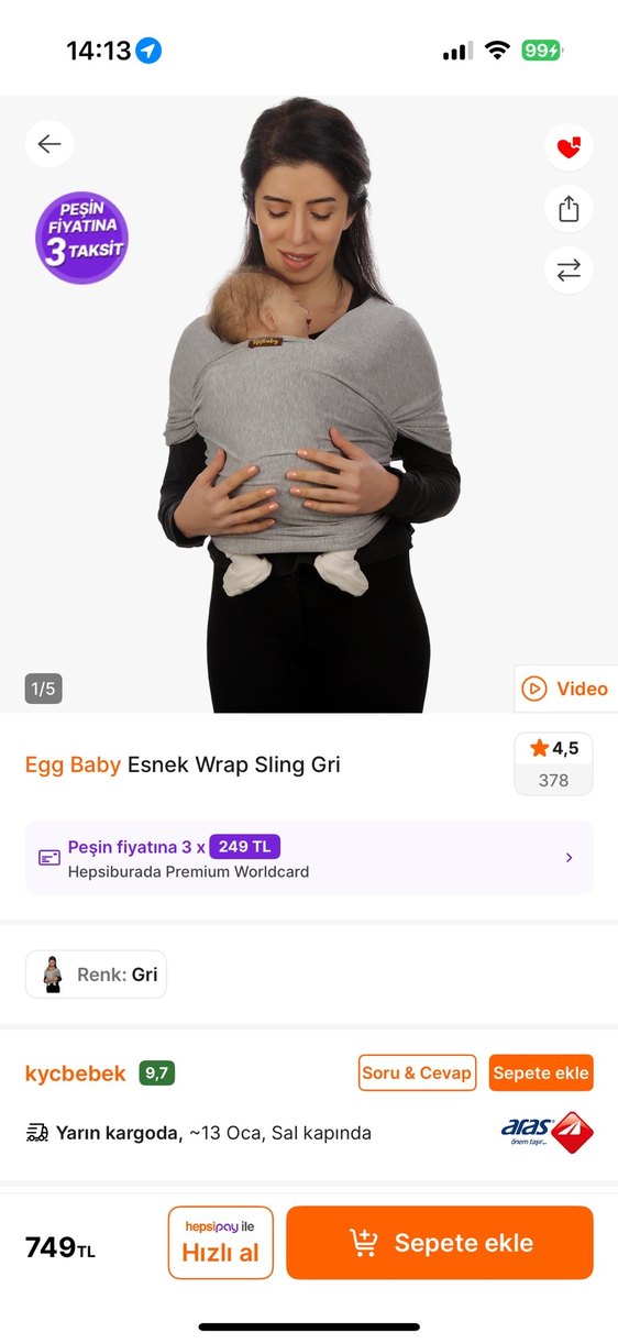 Gri Bebek Taşıma Slingi - Görsel 3