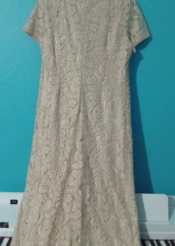 Bej Dantelli Uzun Kollu Kadın Abiye Elbise - Görsel 5