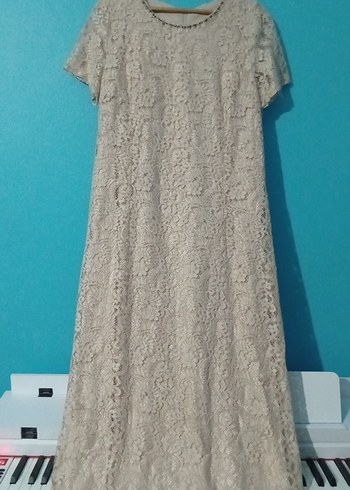 Bej Dantelli Uzun Kollu Kadın Abiye Elbise - Görsel 4