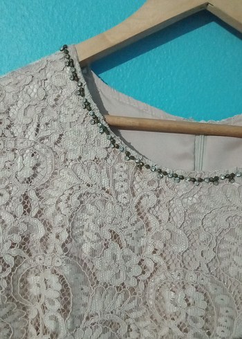 Bej Dantelli Uzun Kollu Kadın Abiye Elbise - Görsel 7