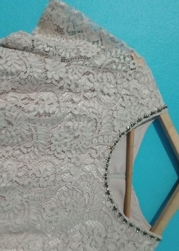 Bej Dantelli Uzun Kollu Kadın Abiye Elbise - Görsel 6