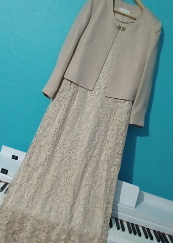 Bej Dantelli Uzun Kollu Kadın Abiye Elbise - Görsel 3