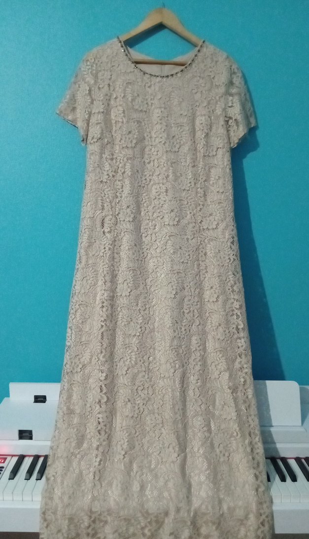 Bej Dantelli Uzun Kollu Kadın Abiye Elbise - Görsel 4