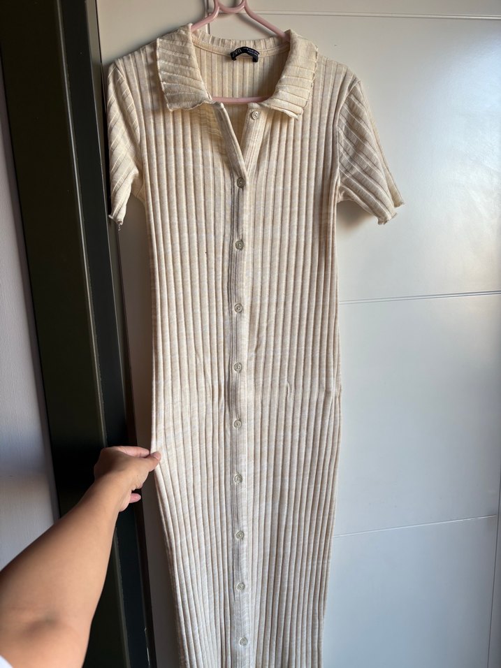 Bej Düğmeli Fitilli Triko Uzun Elbise - Görsel 2