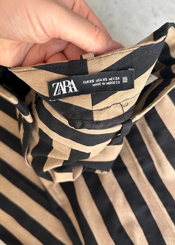 Zara Zara Bej Siyah Çizgili keten Kumaş Pantolon