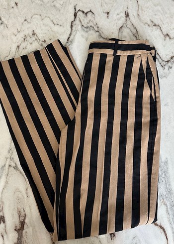 Zara Bej Siyah Çizgili keten Kumaş Pantolon