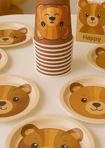 Pastel Kahverengi Ayı Desenli Kağıt Bardak - Görsel 4