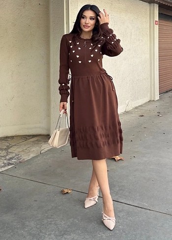 Kahverengi Nakışlı Uzun Triko Elbise - Görsel 2