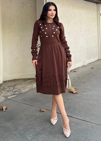 Kahverengi Nakışlı Uzun Triko Elbise - Görsel 5