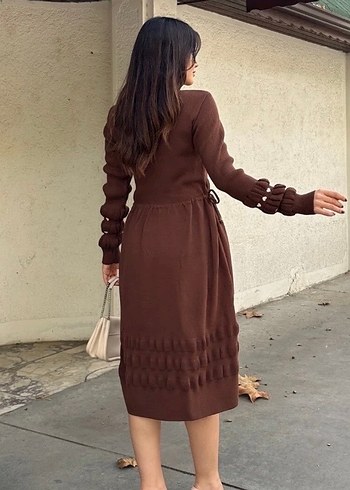 Kahverengi Nakışlı Uzun Triko Elbise - Görsel 7