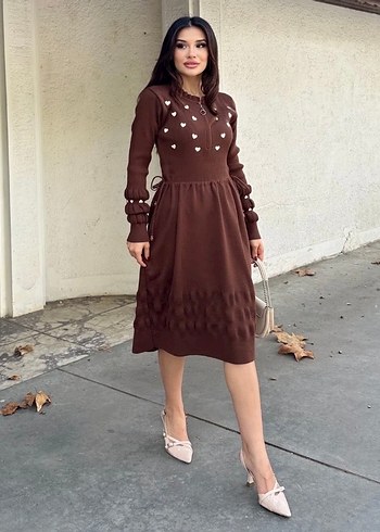 Kahverengi Nakışlı Uzun Triko Elbise - Görsel 4