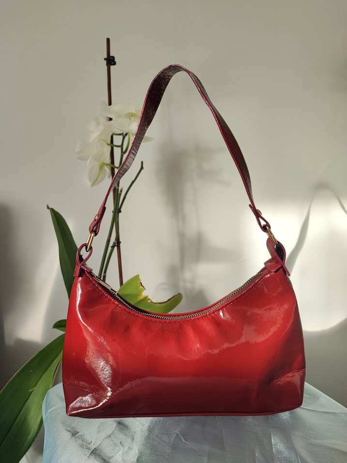 Bordo Parlak Deri Kadın Omuz Çantası - Görsel 2