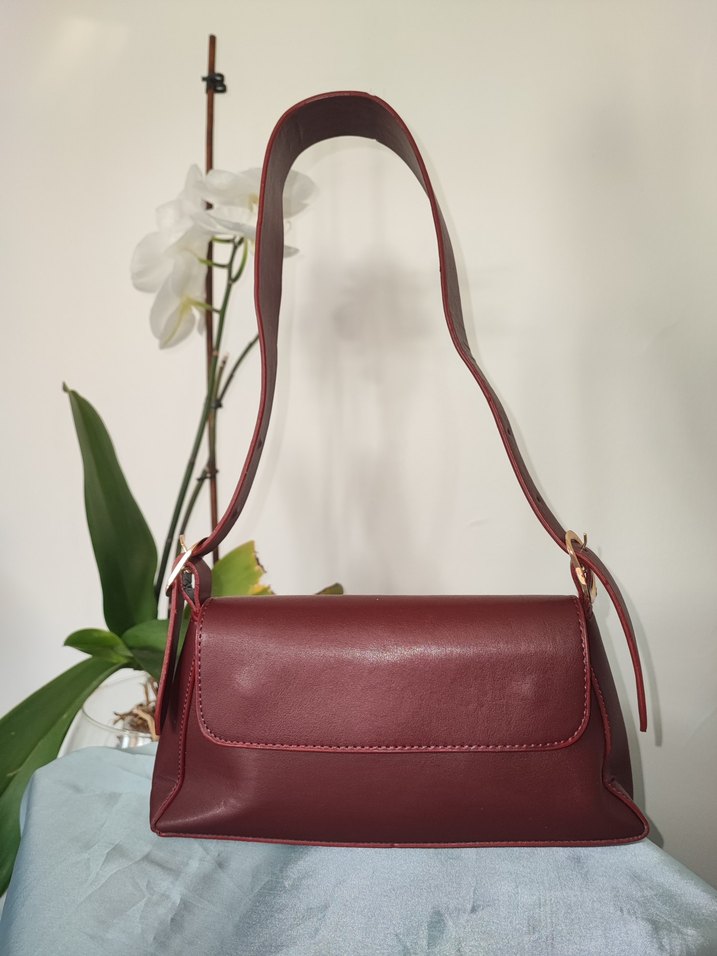 Bordo Deri Kadın Çanta Tokalı Modern - Görsel 2