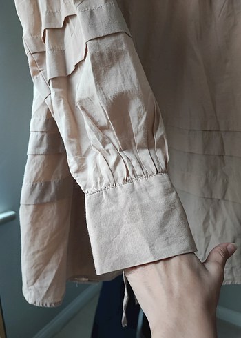 Bej Uzun Kollu bağlamalıli Keten Kadın Gömlek - Görsel 5