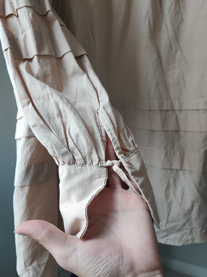 Bej Uzun Kollu bağlamalıli Keten Kadın Gömlek - Görsel 4