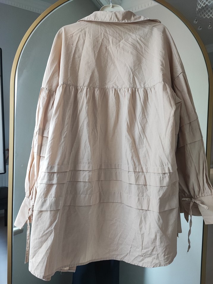 Bej Uzun Kollu bağlamalıli Keten Kadın Gömlek - Görsel 2