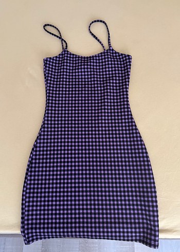 H&M Mor Kareli kısa askılı yazlık elbise