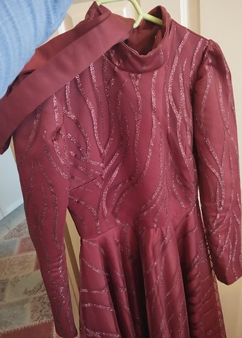 Bordo Uzun Kollu Drapeli Kadın Abiye - Görsel 3