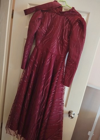 Bordo Uzun Kollu Drapeli Kadın Abiye - Görsel 6